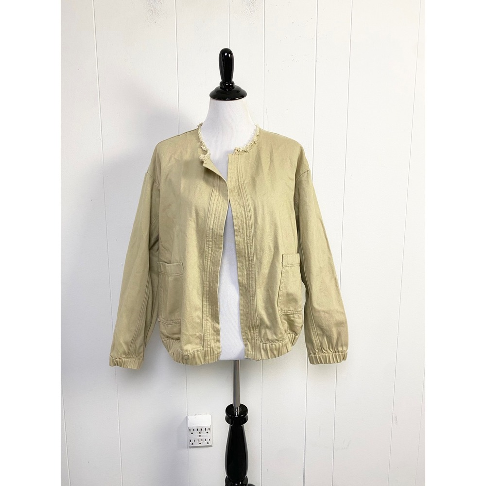 Grade & Gather Womens Small Tan Frayed Neck Denim Bomber Jacket Khaki Oversized